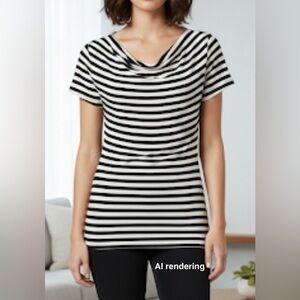 CABI Womens Black & White Stripe Drape Neck Stretch Shirt | Medium